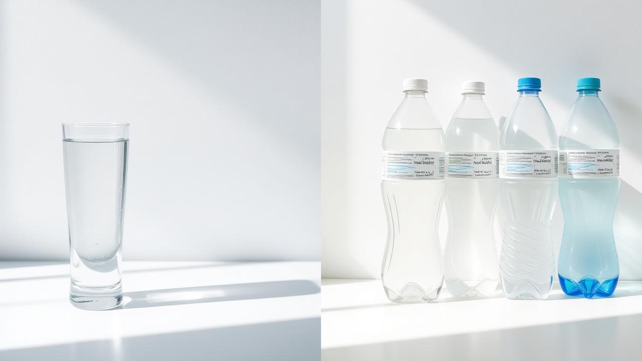 Verre d'eau filtrée comparé à des bouteilles plastiques