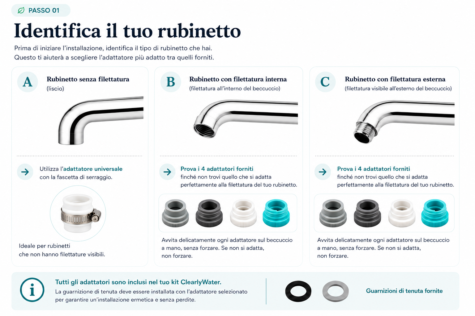 Étape 01 — Choisissez l'adaptateur adapté à votre robinet