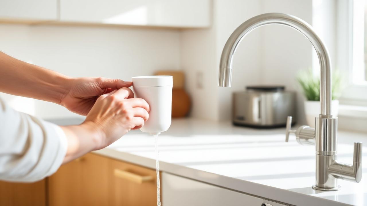 Mains installant un filtre céramique sur un robinet de cuisine moderne